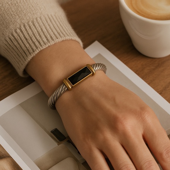 💫Premier Designs Black and Gold Cable Bangle Bracelet - Holiday Gift Ready - Picture 3 of 6